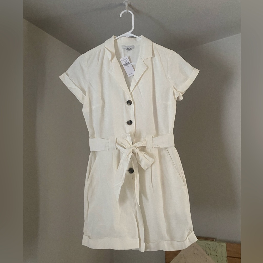Off White American Eagle Collared Button Up Romper Jumpsuit with Tie Waist